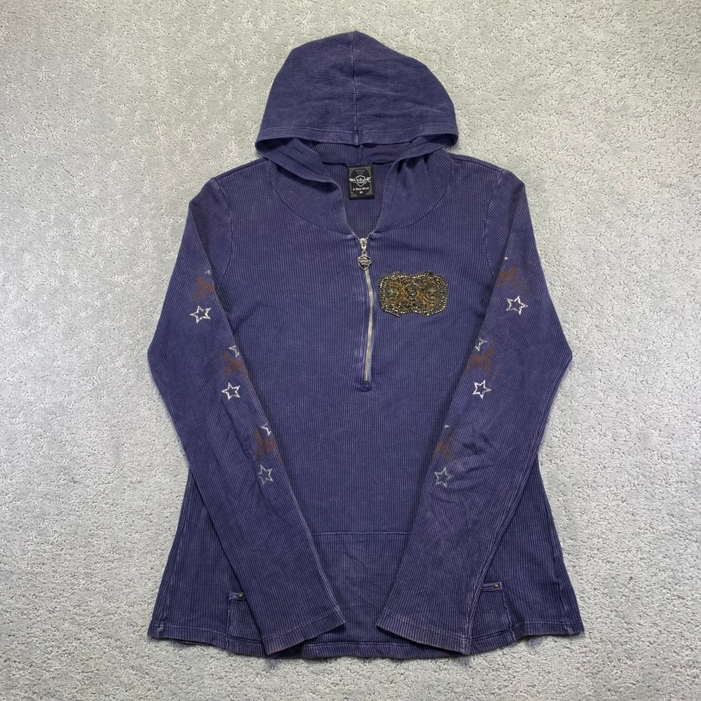 VINTAGE‎ Sledge USA Hoodie Womens Medium Purple Thermal Waffle Knit Stars Y2K